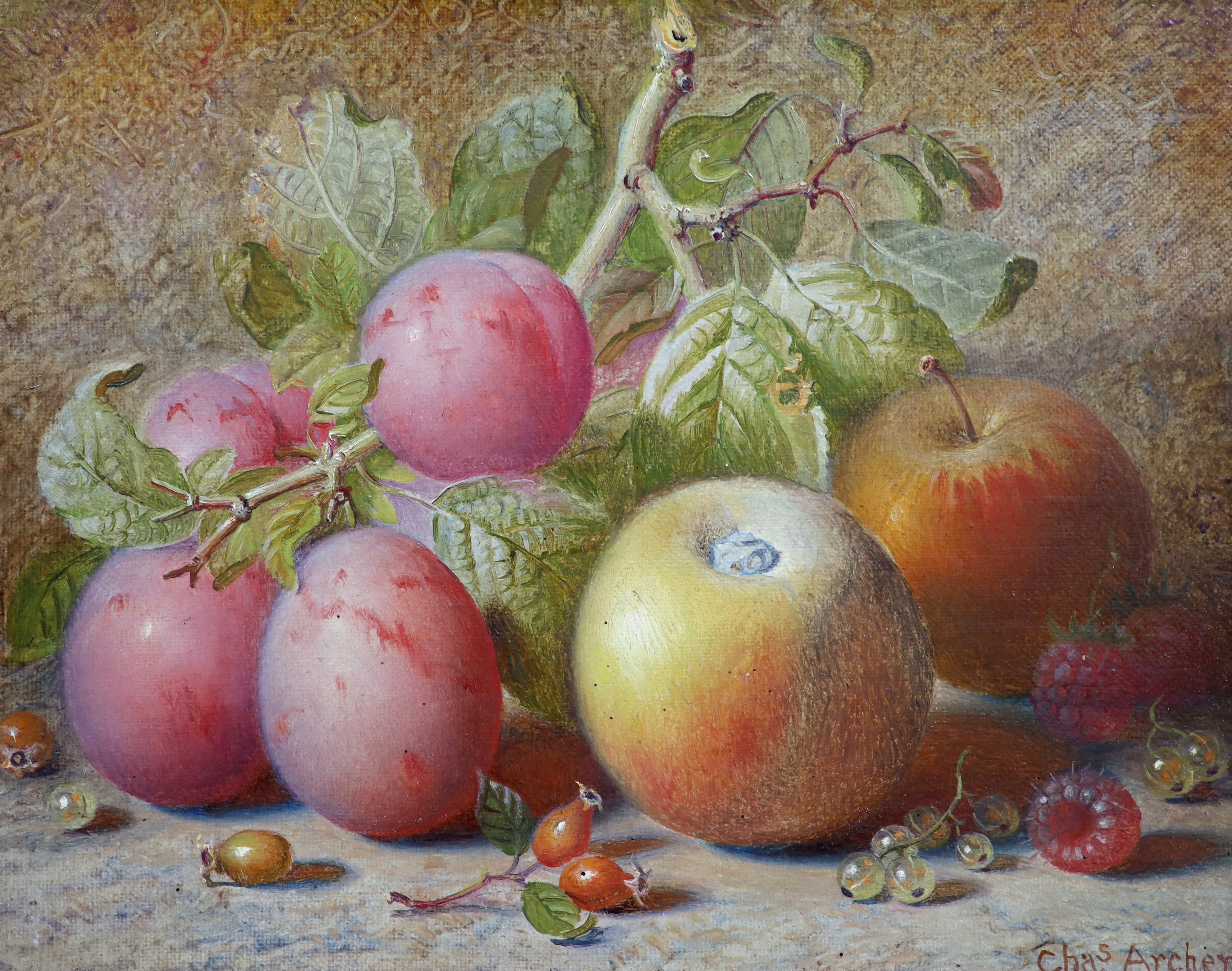 Charles Archer (British, 1855-1931), Still lifes of plums, apples, rosehips, white currants and a raspberry, and of apple, grapes and gooseberries, pair of oils on canvas board, 19.5 x 24.5cm